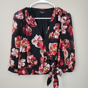Madewell Wrap Tie Waist Floral Black Red Size XS Shirt Blouse 3/4 Sleeve